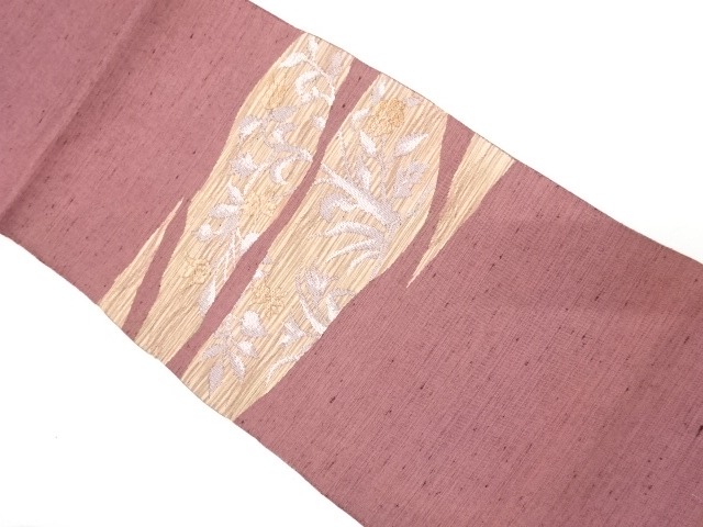 JAPANESE KIMONO / ANTIQUE NAGOYA OBI / SILK / WOVEN MIST & FLORAL PLANTS